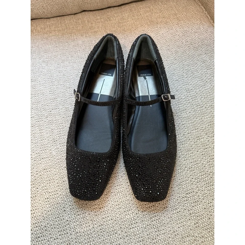 Dolce Vita Reyes Black Metallic Crystal Square Toe Mary Jane Flats